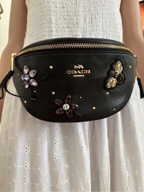 Coach Black Pebbled Leather Floral Embellished Belt Bag